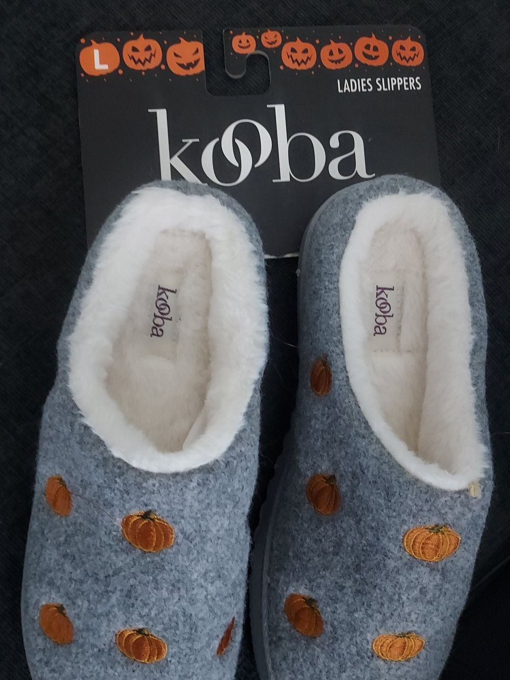 Kooba Gray Slip-On Ladies Slippers with Orange Pumpkin Embroidery